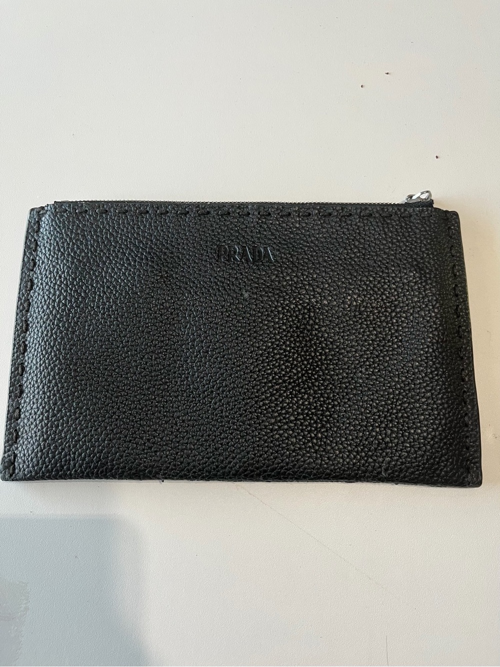 Prada Black Pebbled Leather Zip Pouch with Silver Triangle Logo - Picture 2 of 8